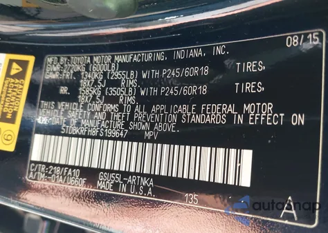 2015 Toyota Highlander Le Plus V6 z USA, uszkodzony, nr VIN 5TDBKRFH8FS199647